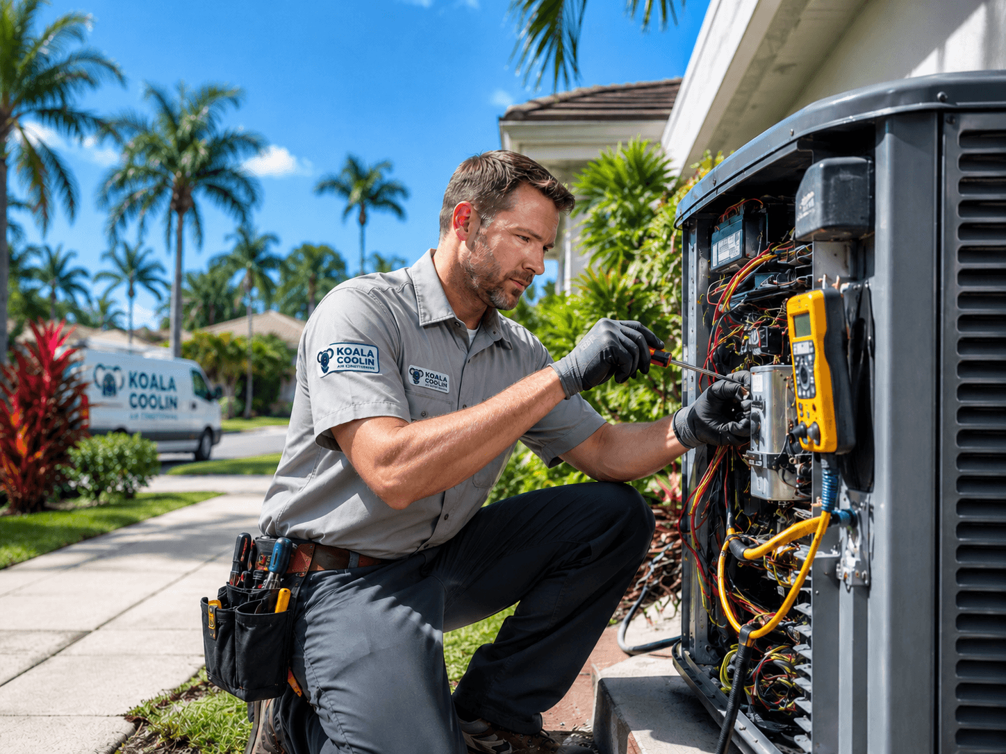 A Koala Coolin HVAC technician servicing an outdoor AC unit at a South Florida home